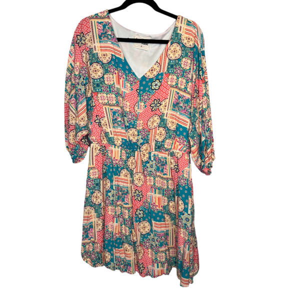 Savanah Jane Pin Teal Geo Print Mini Dress Flowey Bohemian Stretch Waist Size 2X - Picture 3 of 7